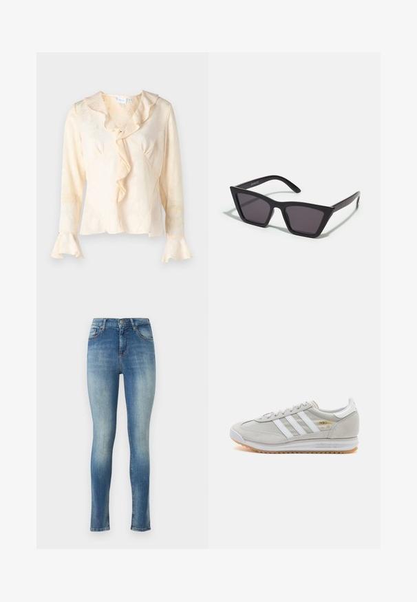 Blusa color crema con una texture floreale, colletto arricciato e maniche a campana. Presenta un design avvolgente e una leggera lucentezza.; Jeans skinny in denim blu chiaro. Caratterizzati da una vita media, cinque tasche e una leggera scoloritura sulla parte anteriore e posteriore per un aspetto vissuto.; Sneaker grigio chiaro realizzato in suede e rete, con tre strisce bianche, punta arrotondata e suola in gomma color caramello. Accento del logo dorato vicino ai lacci.; Occhiali da sole neri e angolari con lenti grigie; realizzati in plastica, con aste spesse dalla superficie liscia e senza hardware visibile.