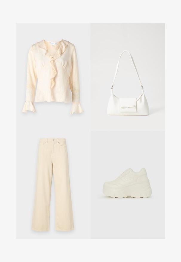 Bjelokosnasta bluzica s teksturiranim cvjetnim uzorkom, naboranim dekolteom i proširenim rukavima. Ima preklopni dizajn i suptilan sjaj.; Bež traperice širokih nogavica napravljene od pamuka. Imaju zatvaranje na dugme, petlje za remen i prednje džepove s glatkom, mekanom teksturom.; Bijele platformske tenisice s glatkim gornjim dijelom koji nalikuje koži, zaobljenim oblikom, podstavljenim okvirom i teksturiranim gumeni potplat s definiranom profilacijom.; Bijela sintetička torbica s trokutastim oblikom, ravnim prednjim poklopcem i detaljem u obliku mašne, podesivom remenom, glatkom teksturom i minimalističkim dizajnom.