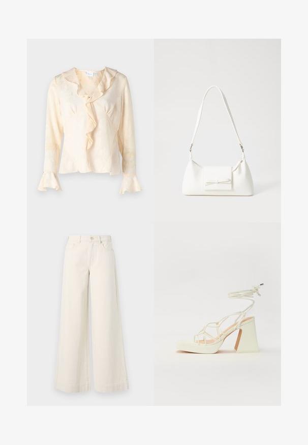 Bjelokosnasta bluzica s teksturiranim cvjetnim uzorkom, naboranim dekolteom i proširenim rukavima. Ima preklopni dizajn i suptilan sjaj.; Široke svijetlosmeđe traperice s visokim strukom, s dva prednja džepa, zatvaranjem na gumb i suptilnim šavnim detaljima.; Bijela sandala na visokoj potpetici s debelim petom, s remenom i vezanjem oko gležnja. Glatka tekstura s platformom sprijeda za dodatnu visinu.; Bijela sintetička torbica s trokutastim oblikom, ravnim prednjim poklopcem i detaljem u obliku mašne, podesivom remenom, glatkom teksturom i minimalističkim dizajnom.