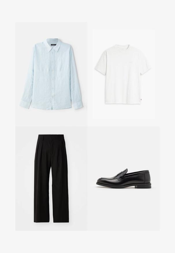 Camicia azzurro chiaro a maniche lunghe in lino, con chiusura a bottoni, colletto a punta e polsini standard. Texture morbida, design minimale.; T-shirt bianca in cotone con maniche corte, colletto tondo e logo Levi's discreto stampato al centro. Texture morbida e vestibilità standard.; Pantaloni neri a gamba larga con una superficie liscia, dotati di due pinces frontali, chiusura con bottone e tasche laterali. Tessuto resistente.; Mocassini neri in pelle con una texture liscia, punta arrotondata e una striscia decorativa sulla tomaia. Tacco basso impilato, design minimalista.