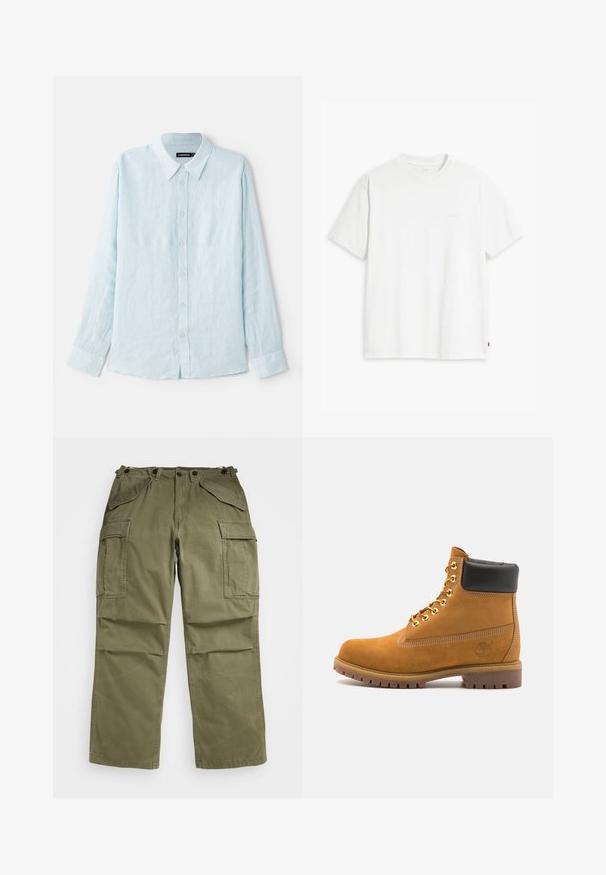 Světle modrá košile s dlouhým rukávem vyrobená z lnu, s knoflíkovým zapínáním vpředu, špičatým límečkem a standardními manžetami. Měkká textura, minimalistický design.; Bílé bavlněné tričko s krátkými rukávy, kulatým výstřihem a jemným logem "Levi's" tištěným světle barvou na přední straně.; Olivově zelené cargo kalhoty vyrobené z texturované látky, s několika předními a bočními kapsami a zesíleným švem na švech.; Hnědé semišové kotníkové boty s černým polstrovaným límcem, zlatými kovovými očky, bílým prošíváním a odolnou gumovou podrážkou s výraznými drážkami.