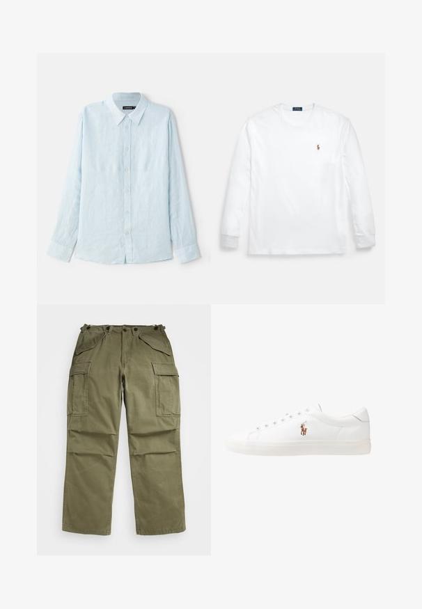 Světle modrá košile s dlouhým rukávem vyrobená z lnu, s knoflíkovým zapínáním vpředu, špičatým límečkem a standardními manžetami. Měkká textura, minimalistický design.; Bílé dlouhé tričko s dlouhým rukávem z bavlny, s kulatým výstřihem a malým vyšívaným logem na levé straně hrudi. Hladká struktura, jednoduchý design.; Olivově zelené cargo kalhoty vyrobené z texturované látky, s několika předními a bočními kapsami a zesíleným švem na švech.; Bílé kožené tenisky, nízký střih, s hladkým povrchem, kulatou špičkou, šněrováním v přední části a malým vyšitým logem na boku.