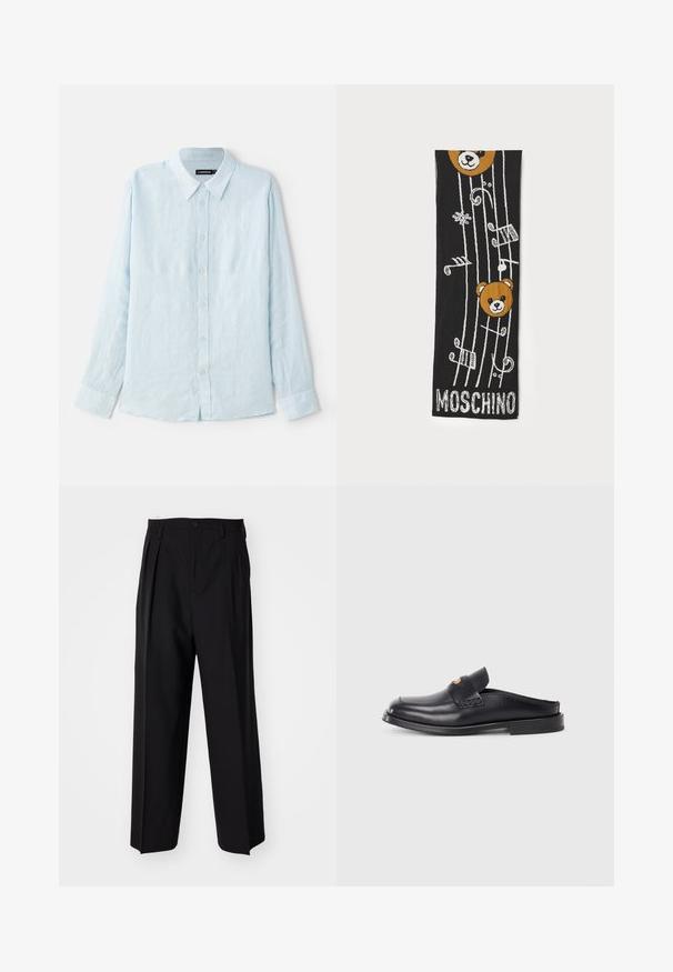 Camisa de manga larga azul claro hecha de lino, con cierre de botones en la parte delantera, cuello puntiagudo y puños estándar. Textura suave, diseño minimalista.; Pantalones negros plisados con un diseño recto y de pierna ancha. Fabricados en una tela suave, presentan un cierre de botón y trabillas para el cinturón.; Zapato negro de cuero tipo mocasín con punta redondeada, tacón bajo y detalle de diseño trenzado en el empeine. Presenta un estilo minimalista y una textura suave.; Bufanda de punto negra con dos cabezas de oso pardo, notas musicales y el texto "MOSCHINO" en blanco en la parte inferior. Textura suave con un diseño detallado.