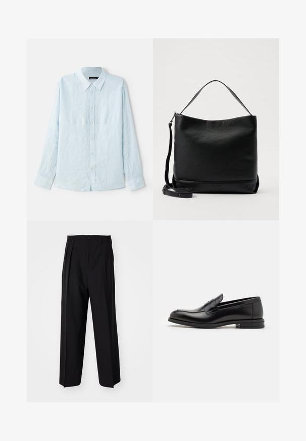 Fénykék hosszú ujjú ing, lenből készült, gombos elülső résszel, hegyes gallérral és hagyományos mandzsettákkal. Puha tapintású, minimalista dizájnnal.; Fekete, pliszírozott nadrág, egyenes, széles lábakkal. Sima anyagból készült, gombos záródással és övhurkokkal rendelkezik.; Fekete bőr loaferek sima textúrával, kerek orral és dekoratív pánttal a vampnál. Alacsony, rétegelt sarkú, minimalista dizájn.; Fekete bőr válltáska texturált felülettel, ívelt tetejével és leválasztható pántjával. Egyszerű dizájn jellemzi, minimális fémalkatrészekkel.