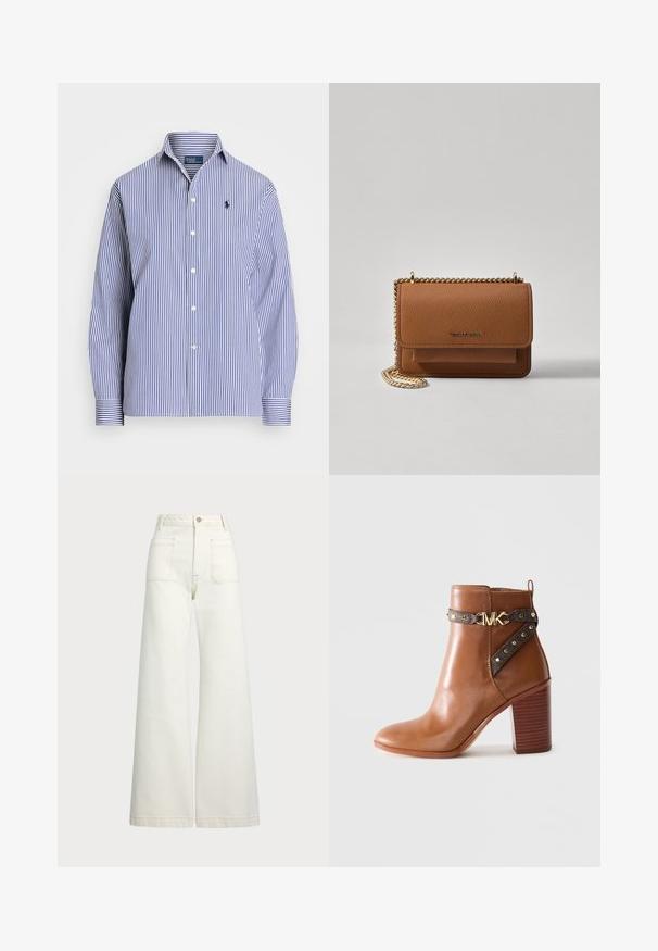 Blå og hvit stripete skjorte med knapp-ned krage, med lange ermer og en liten logo på brystet. Laget av bomullsstoff.; Vidde bukser i off-white denim. Høyt liv-design med knappelukking, to frontlommer og kontrastsøm detaljer.; Brune lær ankle boot med stablet blokhæl, sidestraps med guldnitter og en guld "MK" logo spænde.; Brun teksturert lær crossover-veske med gullkjede-stropp og klaffelukking. Fronten har logo-detalj og en lomme under klaffen.