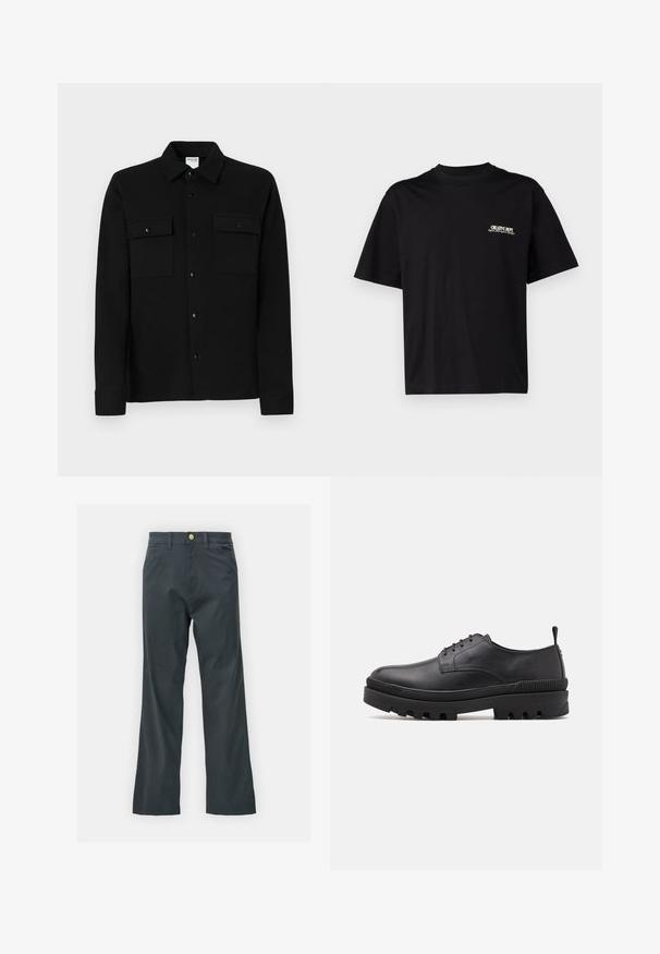 Schwarzes Hemd mit Knopfleiste aus glattem Stoff, ausgestattet mit zwei Brusttaschen, einem Punktkragen und geknöpften Manschetten. Einfaches Design mit minimalen Details.; Schwarzes Baumwoll-T-Shirt mit kurzen Ärmeln, Rundhalsausschnitt und Druck auf der linken Brustseite in weißem und goldenem Text, mit einem entspannten Schnitt.; Schwarze Hose mit geradem Bein, aus einem Baumwollmix. Verfügt über einen Metallknopfverschluss und seitliche Taschen. Keine sichtbaren Muster.; Schwarzer Lederschuh mit abgerundetem Fuß, Schnürdesign und massiver Gummisohle. Verfügt über eine Zuglasche an der Ferse und strukturierte Akzente.