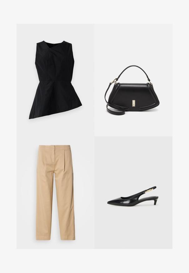Black peplum top with a V-neckline, sleeveless design, and asymmetrical hem. Made of smooth fabric with minimal stitching detail.; Beige cotton pants with a relaxed fit, featuring two front pleats, a straight leg, and a classic button closure at the waistband.; Black leather slingback heels with a pointed toe, featuring a slim heel and a gold-tone accent on the adjustable strap. Smooth texture.; Black leather handbag with a structured design, featuring a cropped shape, top handle, and gold hardware accent. Adjustable shoulder strap included.