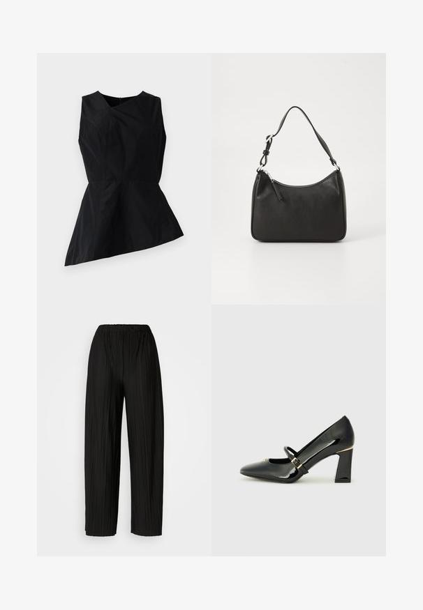 Top peplum negru cu decolteu în V, design fără mâneci și hem asimetric. Fabricat dintr-un material neted cu detalii de cusătură minime.; Pantaloni negri cu pliuri largi și talie elastică. Materialul are pliuri verticale și o textură netedă.; Pantofii cu toc înalt din piele patent neagră, cu vârful ascuțit, curea la gleznă și accent de aur la toc. Design cu toc pătrat.; Geantă de mână din piele neagră, cu o formă curbată, curea unică, închidere cu fermoar și un branding subtil pe față. Textură fină, design minimalist.