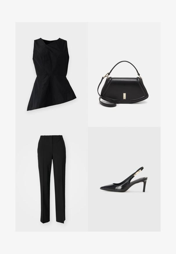 Svart peplum-top med V-hals, uten ermer og asymmetrisk blomst. Laget av glatt stoff med minimal sømdetalj.; Sorte skreddersydde bukser med rett silhuett, med en glatt tekstur og klare pressede bretter foran. Ingen synlig maskinvare.; Sorte skinn slingback høyhælte sko med spiss tå, glatt tekstur og en smal ankelrem med gullhardvareakenter.; Sort lærveske med en strukturert design, som har en avkortet form, topphåndtak og detaljer i gull. Justerbar skulderstropp inkludert.