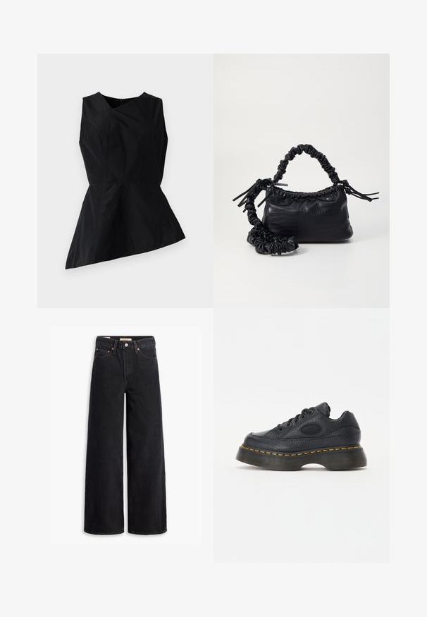 Sort peplum-top med V-udskæring, uden ærmer og asymmetrisk kant. Fremstillet af glat stof med minimal syning.; Sorte brede benjeans lavet af denim, med fem lommer, kobbernitter og en klassisk knaplukning. Glat tekstur med et rent design.; Sort lædersneaker med struktureret overflade, rund tå og tyk plateau sål. Har gule kontrastsyninger og et mærke-logo på siden.; Sort kunstlæder håndtaske med krokodilteksur, indsnøret top og en sammenkrøben rem. Ser blød og kompakt ud i designet.