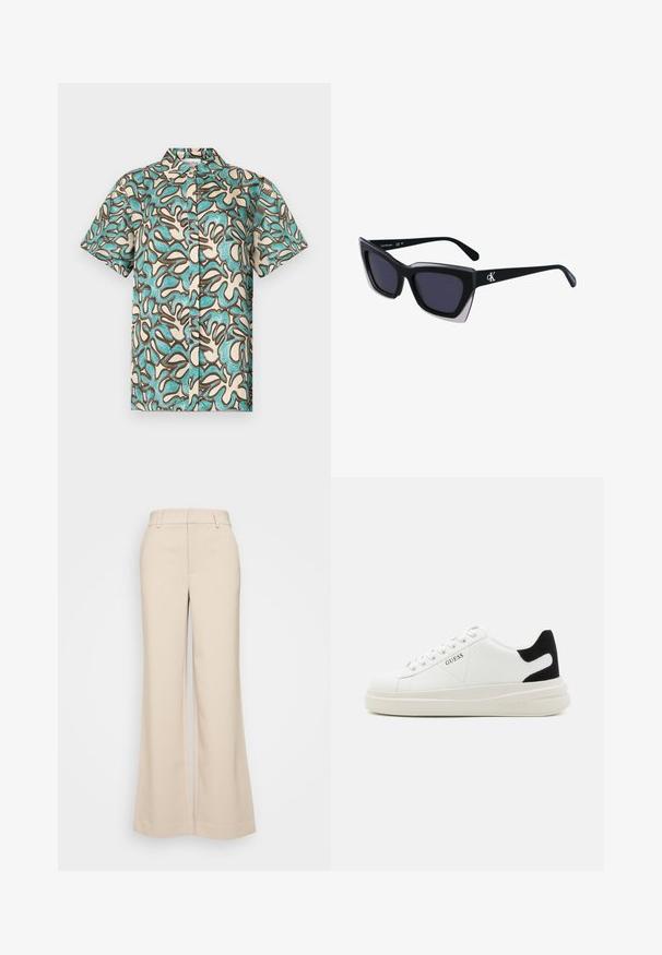 Kreminės spalvos trumpomis rankovėmis marškiniai su mėlynais ir rudiems abstrakčiais raštais, turintys priekyje mygtukus ir klasikinį apykaklę. Minkšta audinio struktūra.; Bežiniai plačios kojos kelnes su lygiu paviršiumi, turinčios aukštą liemenį ir dvi priekinės kišenes. Švarus dizainas su pritaikytu siluetu.; Baltos odinės sportbačiai su storu baltu padu, juodu nubuko kulno akcentu ir iškilmingu logotipu šone. Su raišteliais, turinčiais šešis akinius.; Juodos didelės saulės akinių su geometrine forma, turinčiais tamsius objektyvus ir kontrastingą pilką detalę ant rėmelio. Logotipas ant šalon.