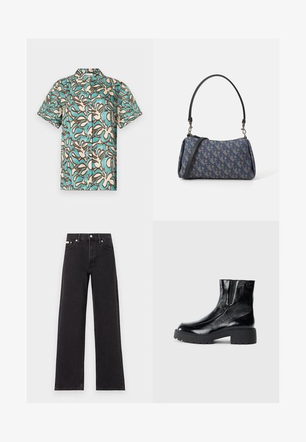Camisa de manga curta em creme com padrão abstrato em azul e castanho, com botão na frente e colarinho clássico. Textura de tecido suave.; Jeans de perna larga pretos feitos de denim, apresentando uma cintura alta, estilo de cinco bolsos e um fecho em botão de metal com costura contrastante.; Botas de tornozelo pretas com acabamento em pele envernizada brilhante, sola de borracha preta robusta e salto elevado; inclui um detalhe discreto do logótipo na lateral.; Bolsa de padrão azul feita de tecido, com um formato curvo, alça de couro preto e design de logotipo em uma tonalidade mais clara.