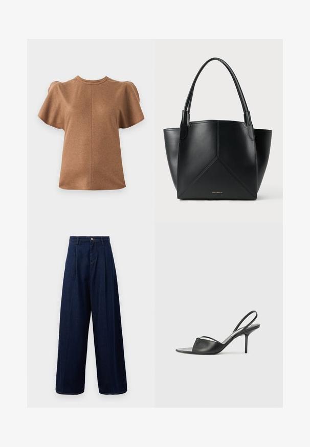 Smeđi kratki rukav s okruglim izrezom i napuhanim rukavima. Izrađen od mekog materijala, s detaljem središnjeg šava.; Tamno plave široke traperice s visokom linijom struka, naboranim prednjim dijelom i klasičnim zatvaranjem na dugme, koje imaju bočne džepove i kontrastne šavove.; Crne kožne sandale sa otvorenom petom, s izduženim nosom, tankim remenom oko gležnja i stiletto potpeticom. Imaju čvorasti detalj na prednjem delu.; Crna kožna torba s geometrijskim dizajnom, koja ima dva ručka i zlatni brend na prednjem dijelu. Glatka tekstura i strukturirani oblik.