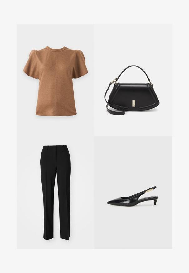 Maglietta corta marrone a maniche corte con scollo rotondo e maniche a palloncino. Realizzata in un materiale morbido, con un dettaglio di cucitura centrale.; Pantaloni neri su misura con un design a gamba dritta, caratterizzati da una texture liscia e pieghe ben definite sul davanti. Senza hardware visibile.; Tacchi slingback in pelle nera con punta affusolata, caratterizzati da un tacco alto e un accento dorato sulla cinghia regolabile. Texture liscia.; Borsa a mano in pelle nera con un design strutturato, caratterizzata da una forma corta, manico superiore e accessori in metallo dorato. Inclusa tracolla regolabile.
