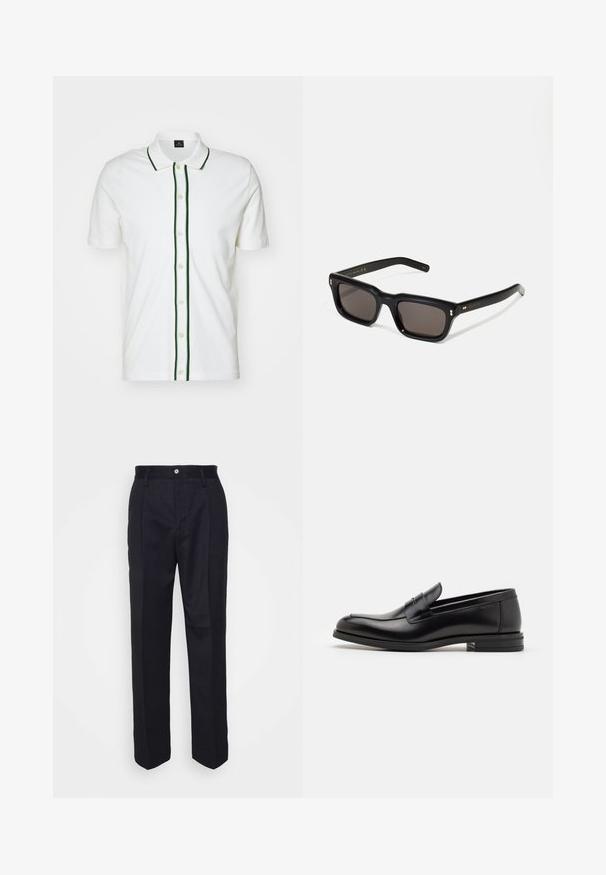 Hvid polo shirt med korte ærmer, grøn kant langs kraven og knapstækket samt cremefarvede knapper, lavet af et glat stof.; Grå kortærmet T-shirt lavet af blødt, struktureret stof. Har en klassisk rund hals og en lige kant, velegnet til afslappet brug.; Sort skræddersyede bukser med lige ben, lavet af glat stof, med en frontknaplukning og to sidelommer.; Sorte læderloafers med en glat overflade, rund tå og en dekorativ strop over vampen. Lav hæl med stabeldesign, minimalistisk stil.; Sorte rektangulære solbriller med mørke glas, tyk plastisk ramme, guldtryk på stængerne og brandlogo indgraveret på armen.