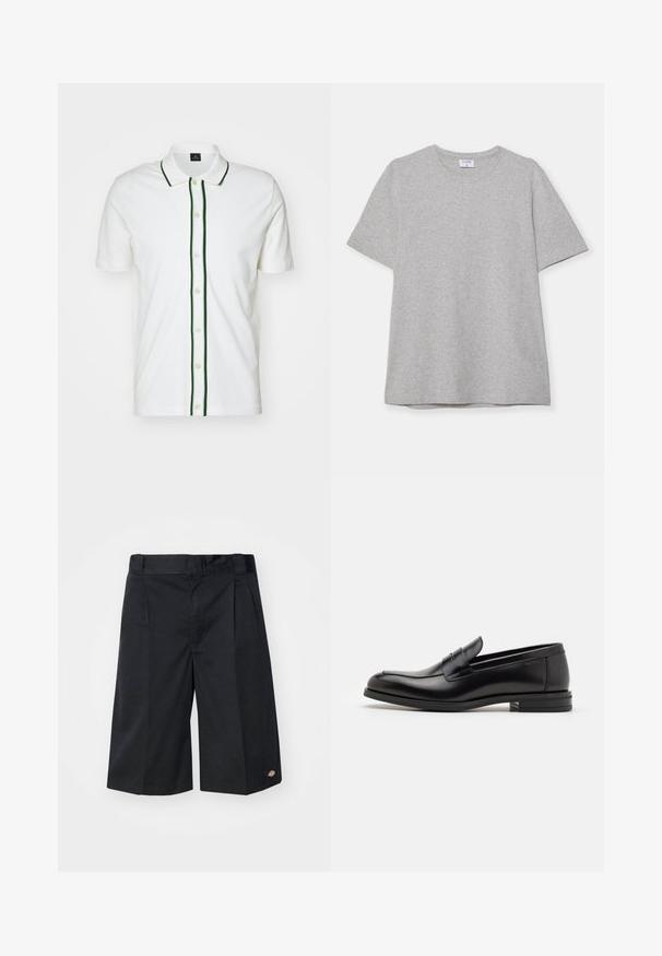 Camisa polo blanca de manga corta, con ribetes verdes en el cuello y la tapeta de botones, y botones color crema, confeccionada en una tela suave.; Camiseta gris de manga corta hecha de una tela suave y texturizada. Presenta un cuello redondo clásico y un dobladillo recto, adecuada para uso casual.; Pantalones cortos negros con un diseño ajustado, que presentan pliegues planos en la parte delantera, una cintura estándar y bolsillos laterales. Fabricados en tejido resistente.; Mocasines de cuero negro con una textura suave, puntera redondeada y una tira decorativa en el empeine. Tacón bajo apilado, diseño minimalista.