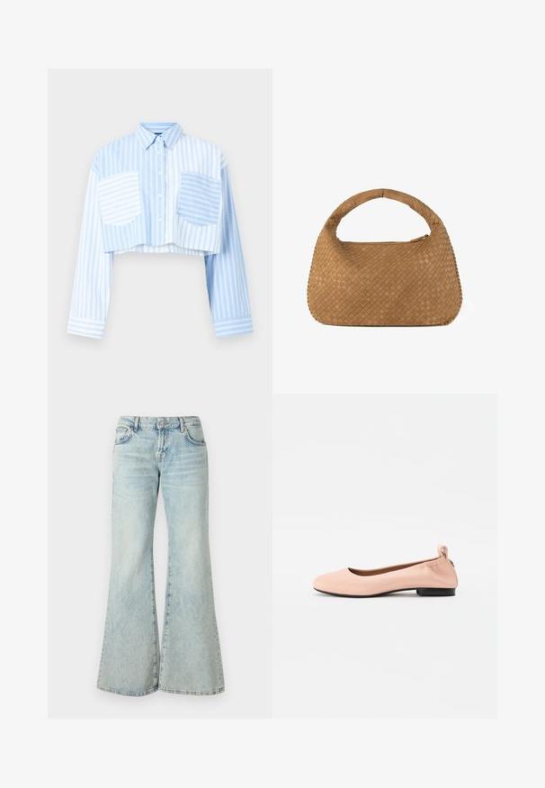 Lühendatud nööbiga särk helesiniste ja valgete triipudega, millel on kaks esist Pocketit ja ühtlane sinine seljatask. Pika varrukaga.; Heledad sinised flared teksad, mis on valmistatud denimist, kõrge vöökoha, taskute ja kulunud äärtega. Kangas näitab tuhmumist ja peent tekstuuri.; Kerged roosad balletikingad, mis on valmistatud sujuvast materjalist, ümarate varvaste, paindliku seljaosa ja väikese musta kontsaga.; Kootud beež käekott ümmarguse käepideme ja pehme nahaga. Omab tõmbluku sulgemist ja keerukat korvi punumise mustrit.