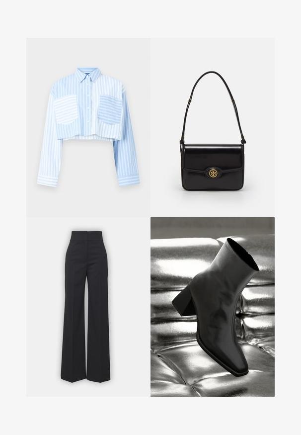 Cropped button-up shirt in light blue and white stripes, featuring two front pockets and a solid blue back panel. Long sleeves.; Wide-leg trousers in black fabric with a high waistband, featuring a clean finish and smooth texture. No visible hardware or patterns.; Black ankle boot made of glossy material with a square toe and tapered heel, set against a shiny silver tufted background.; Black leather handbag with a rectangular shape, gold hardware, a front flap, and a circular logo accent. Features a single adjustable strap.