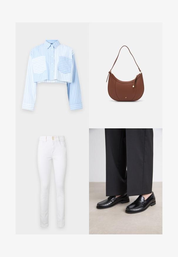 Zkrácená košile s knoflíky v bílo-modrých pruzích, s dvěma předními kapsami a pevným modrým zadním panelem. Dlouhé rukávy.; Bílé džíny skinny s vysokým pasem, dvěma předními kapsami a zapínáním na zlatý knoflík. Hladká textura, přiléhavý střih a žádné viditelné vzory.; Černé kožené loafers s hladkým povrchem, prošívané detaily kolem špičky a nízkou gumovou podrážkou. V kombinaci s širokými černými kalhotami.; Hnědá kabelka přes rameno z umělé kůže s zakřiveným tvarem, minimálním prošíváním a zlatým kovovým akcentem. Disponuje vrchním zipovým uzavíráním a nastavitelným popruhem.