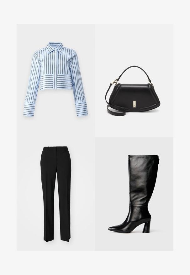 DAY Birger et Mikkelsen MAX CONTEMPORARY STRIPE - Camicia - serenity; Pantaloni neri su misura con un design a gamba dritta, caratterizzati da una texture liscia e pieghe ben definite sul davanti. Senza hardware visibile.; Stivale in pelle nera, alto fino al ginocchio, con punta affusolata, superficie liscia e tacco spesso. Presenta un dettaglio con zip sul retro.; Borsa a mano in pelle nera con un design strutturato, caratterizzata da una forma corta, manico superiore e accessori in metallo dorato. Inclusa tracolla regolabile.