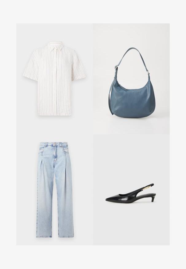 Rövid ujjú gombos ing világos bézs színben, vékony függőleges csíkokkal. Könnyű anyagból készült, klasszikus gallérral és egyenes aljjal.; Világoskék farmernadrág magas derekú, bő szabású, két oldalsó zsebbel és pliszírozott dizájnnal. Puha tapintású, elhalványított felület.; Fekete bőr slingback magassarkúk, hegyes orral, vékony sarkakkal és arany színű részlettel a állítható pánton. Simа felület.; Kerekded formájú, kék bőr kézitáska, egyetlen vállpánttal, cipzárral záródik, az elülső részen domborított márkanevével. Simák a textúrája.
