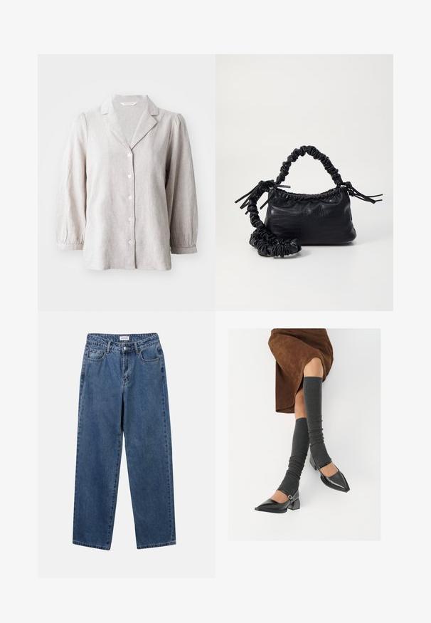 Camicia button-up in lino grigio chiaro con colletto, bottoni frontali e maniche lunghe a sbuffo. Presenta una vestibilità rilassata e un tessuto testurizzato.; Jeans in denim blu classico con design a gamba dritta, cinque tasche e chiusura con bottone. Presentano un lavaggio medio e una trama robusta.; Scarpe nere in pelle verniciata con punta affilata, tacco a blocco e cinturino alla caviglia, abbinate a scaldamuscoli grigi a coste e una gonna in suede marrone.; Borsa a tracolla in ecopelle nera con texture a coccodrillo, apertura cinchata e tracolla arricciata. Si presenta con un design morbido e compatto.