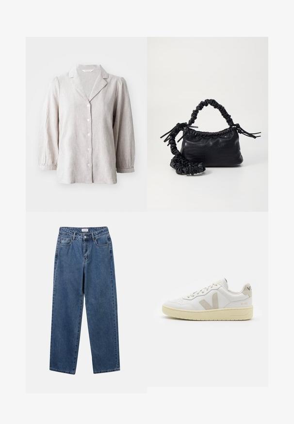 Gai pelēks linu krekls ar pogām, apkakli un pūstām garām piedurknēm. Iezīmē atbrīvotu piegriezumu un teksturētu audumu.; Klasiskie zili džinsi ar taisnu kāju dizainu, pieciem kabatām un pogu aizdari. Iezīmējas ar vidēju mazgāšanu un izturīgu tekstūru.; Baltas ādas sporta apavu pāris ar bēšiem zamša akcentiem, caurumiņu purngalā, plakanu šņorēšanu un teksturētu krēmkrāsas zoli. Iezīmējas ar diskrētu zīmolu uz papēža.; Melnā mākslīgās ādas rokassoma ar krokodila rakstu, savilkta augšdaļa un saburzīta siksna. Izskatās mīksta un kompakta pēc dizaina.