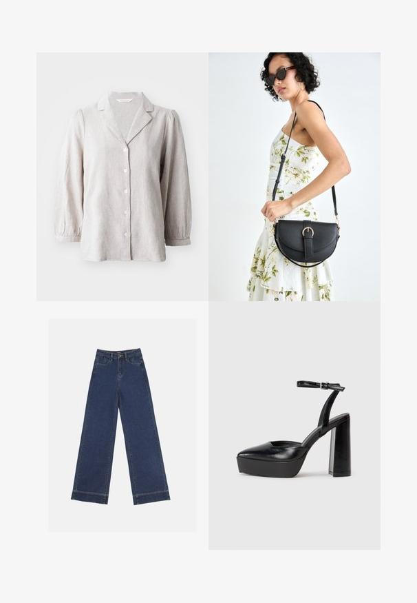 Camicia button-up in lino grigio chiaro con colletto, bottoni frontali e maniche lunghe a sbuffo. Presenta una vestibilità rilassata e un tessuto testurizzato.; Jeans a gamba larga in denim blu scuro. Presentano cinque tasche, passanti per cintura e un orlo grezzo in fondo con dettagli di cucitura visibili.; Tacchi a piattaforma neri con punta appuntita e cinturino regolabile alla caviglia. Realizzati in pelle liscia, presentano un tacco a blocco spesso.; Borsa a tracolla nera in pelle con una forma curva, manico rimovibile e accessori dorati. La borsa presenta una patta con un dettaglio a fibbia.