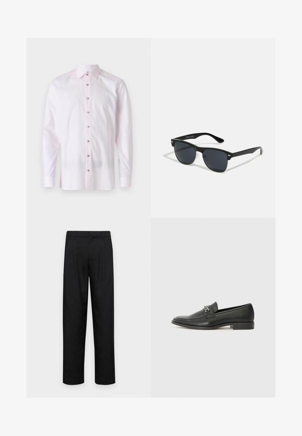 Svijetloružičasta košulja dugih rukava od glatkog materijala. Ima uspravni ovratnik i prednji dio s gumbima u kontrastnoj boji.; Crne hlače od glatkog materijala, s dizajnom ravnih nogavica, dva prednja nabora i standardnim pojasom s petljama za remen.; Crna kožna loafer cipela s glatkom finišem, s ušivenim uzorkom i dekorativnim metalnim lancem preko prednjeg dijela. Ravni potplat.; Crne sunčane naočale pravokutnog oblika, tamne leće, srebrni detalji na sljepoočnicama i matirajuća završna obrada okvira.