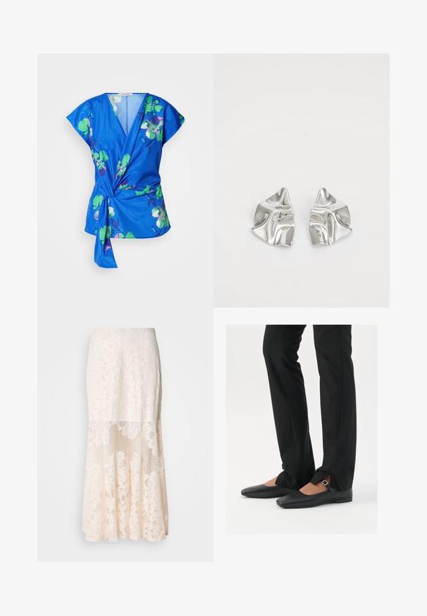 Blå blomstrete omslagstopp med korte ermer, med grønne og rosa blomstermønstre, en dyp V-hals og knyting i midjen. Myk stoffkvalitet.; Blomsterbroderi midi skjørt i krem; har lagd design med gjennomsiktige seksjoner, teksturert blonde og flared kant.; Svart skinnballett-sko med spiss tå, stropp med sølvspenne, kombinert med svarte skreddersydde bukser med splitt i kanten.; Sølvmetall øredobber med et bølgete, skulpturelt design, preget av en polert finish og uregelmessige former, som fremhever en moderne estetikk.