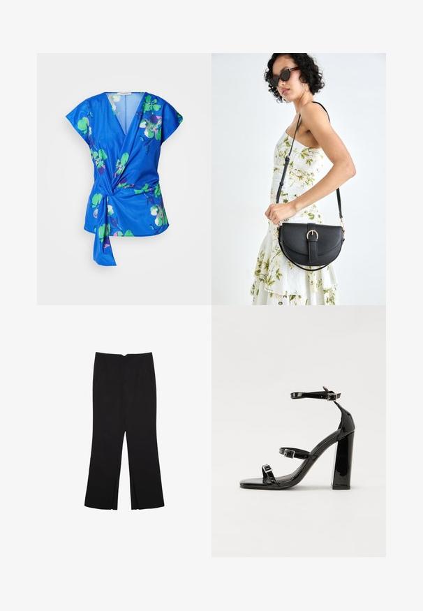 Modrá kvetinová blúzka s krátkymi rukávmi, so vzorom zelených a ružových kvetov, hlbokým výstrihom do V a detailom viazania v páse. Mäkká textúra látky.; Čierne nohavice so strihom rovného strihu, s prednými vreckami a bočnými rozparkami na leme. Vyrobené z mäkkej, hladkej tkaniny. Vhodné na rôzne príležitosti.; Čierne lakované sandále na podpätku so štvorcovou špičkou, navlečenými remienkami okolo členku a striebornými prackami. Disponujú masívnym blokovým podpätkom pre stabilitu.; Čierna kožená kabelka s zaobleným tvarom, odnímateľným popruhom a zlatými doplnkami. Kabelka má klopu s detailom s prackou.