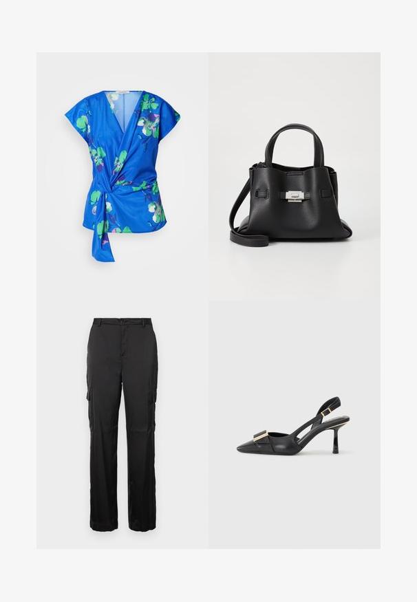 Kék virágmintás, rövid ujjú, keresztbe csatolt blúz zöld és rózsaszín virágmintákkal, mély V-nyakkivágással és megkötős derékrésszel. Puha szövettextúra.; Fekete cargo nadrág egyenes szabással, gombos zárással és két oldalsó zsebből áll. Simaszövetből készült, látható minták vagy díszítések nélkül.; Fekete bőr slingback cipő hegyes orral, karcsú sarkal és aranyszínű kiegészítővel a lábfej résznél. Simább szerkezet és letisztult dizájn.; Fekete bőr kézitáska struktúrált felülettel, két felső fogantyúval, levehető vállpánttal és ezüst színű csattal.