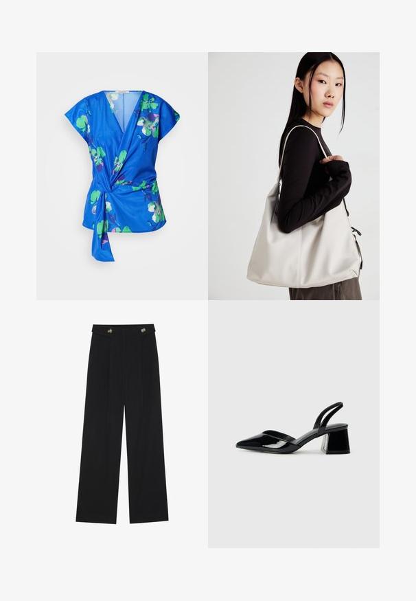 Bluza înflorată în nuanțe de albastru, cu mâneci scurte, prezentând modele de flori verzi și roz, un decolteu în V adânc și un detaliu cu talie legată. Textură a materialului moale.; Pantaloni negri cu picioare largi, talie înaltă, detalii cu butoane pe talie și pliseuri în față.; Pantofi cu toc slingback din piele lacuită neagră, cu vârf ascuțit și toc geometric. Prezintă un design elegant, minimalist și o textură netedă.; Geantă bej din material moale, cu un design lejer, detalii cusute și două bretele pentru umăr. Potrivită pentru utilizarea zilnică.