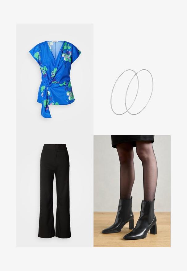 Niebieska kwiecista bluzka wrap z krótkimi rękawami, ozdobiona zielonymi i różowymi wzorami kwiatowymi, z głębokim dekoltem w serek oraz wiązaniem w talii. Miękka tekstura materiału.; Czarne spodnie z szerokimi nogawkami o gładkiej fakturze, wysokim stanie i minimalistycznym designie. Brak widocznych kieszeni i zdobień.; Czarne skórzane botki za kostkę z ostro zakończonym noskiem, masywnym kwadratowym obcasem i eleganckim designem. Posiadają elastyczne boczne panele dla łatwego zakładania.; Srebrne kolczyki w formie obręczy o minimalistycznym designie. Okrągły kształt, gładka faktura i cienki profil. Lekkie, z polerowanym wykończeniem.