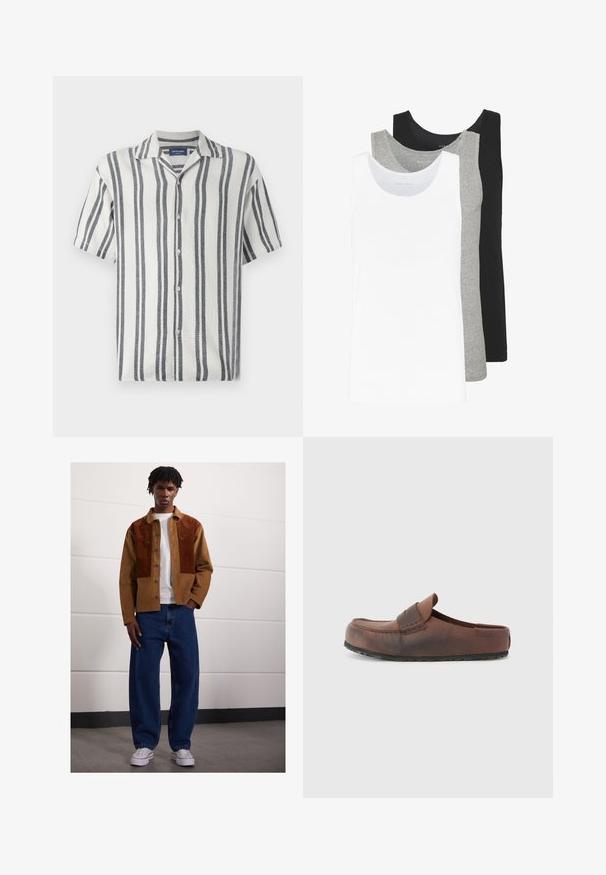 Kratek rokav srajca iz teksturirane tkanine z belimi in mornarskimi navpičnimi črtami, ki ima izrezan ovratnik in gumbno zapiranje.; Tri majice brez rokavov v bežni, sivi in črni barvi. Vsaka je značilna po klasičnem brezrokavem dizajnu, izdelana iz lahkega bombažnega materiala z rebrasto teksturo.; Moški stoji v notranjosti, oblečen v rjav žametni jopič z rjavimi madeži, bel t-shirt, ohlapne modre kavbojke in bele superge.; Rjavi usnjeni čevlji brez vezalk z zaobljenim nosom, dekorativnim šitjem in teksturirano gumijasto podplatom. Preprost dizajn in minimalni poudarki.