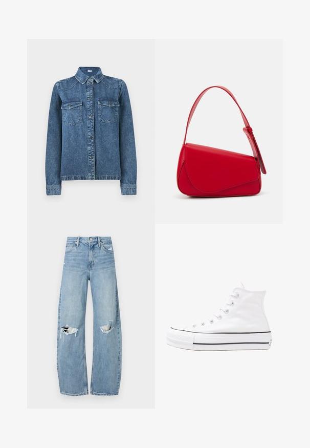 Casaco de ganga com mangas longas, fecho frontal por botões, colarinho dobrado e dois bolsos de peito com aba e botões.; Jeans de lavagem clara, de cintura alta, feitos de denim. Apresentam pernas largas, duas áreas rasgadas nos joelhos e o estilo clássico de cinco bolsos.; Sapatilha alta de tela branca com sola de borracha preta, bico de borracha na frente e seis ilhós para os atacadores, apresentando um design limpo e minimalista.; Bolsa de mão em couro vermelho com um design angular e geométrico. Apresenta uma única alça ajustável e um fecho com aba, com detalhes cosidos.