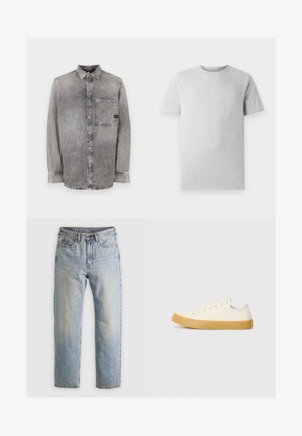 Grå denimskjorta med knappar, långärmad, medelmjuk tyg, en bröstficka, urtvättad finish med kontrasterande knappar, klassisk krage.; En enkel ljusgrå kortärmad T-shirt med rund hals visad mot en vit bakgrund, framifrån utan synliga logotyper eller mönster.; Ljusblå denimjeans med hög midja, framknäppning, dragkedja och femficksdesign, placerade platt på en neutral bakgrund.; Canvas sneakers i off-white med rund tå, med beige gummisulor och fem öglor för snören, texturerad finish på ovandelen.