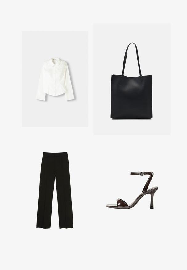 White button-up shirt with long sleeves, featuring a classic collar, structured fit, and subtle vertical seams for added detail.; Black wide-leg trousers made from a smooth fabric, featuring a fitted waistband and subtle front pleats for added texture.; Brown patent leather high-heeled sandal with an ankle strap, open toe, and a sleek, minimalist design. Features a square heel.; Black leather tote bag with smooth texture, rectangular shape, and two long handles. No visible hardware or embellishments.