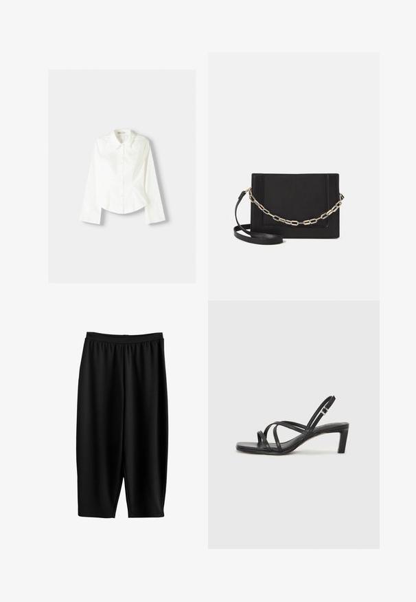 Witte overhemdd met lange mouwen, voorzien van een klassieke kraag, gestructureerde pasvorm en subtiele verticale naden voor extra detail.; Zwarte knielange broek gemaakt van elastisch materiaal met een brede tailleband en een gladde textuur. Heeft een losse en comfortabele pasvorm.; Zwarte sandaal met bandjes, vierkante teen en een lage blokhak. Voorzien van meerdere dunne bandjes en een verstelbare enkelband. Gemaakt van zacht leer.; Zwarte leren schoudertas met een gladde textuur, rechthoekige vorm en een metallic kettingdetail aan de voorkant. Verstelbare schouderband inbegrepen.