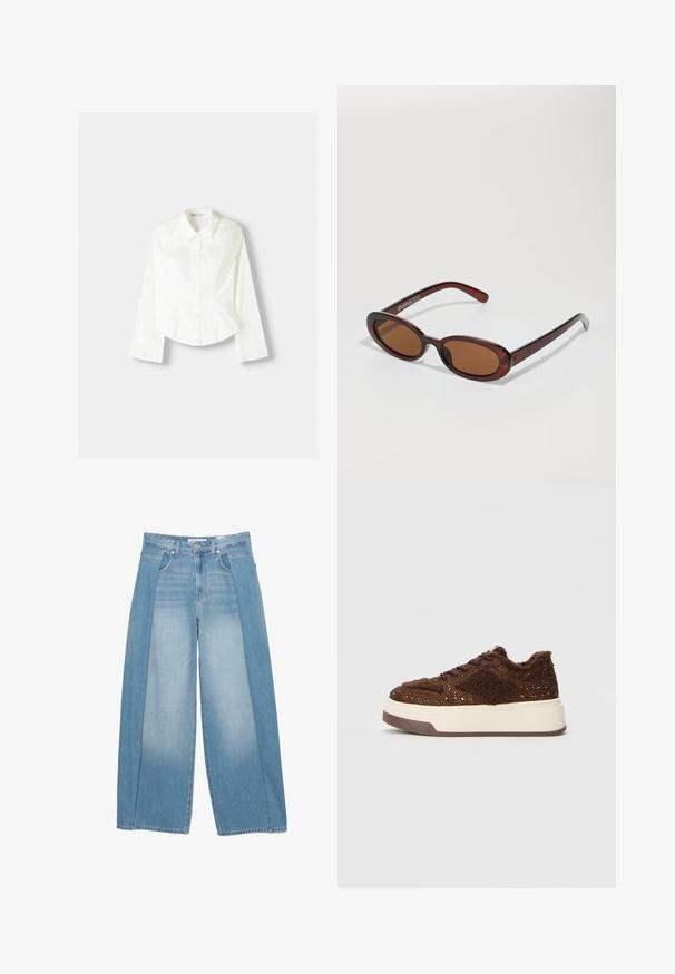 Biela košeľa na gombíky s dlhými rukávmi, s klasickým golierom, štruktúrovaným strihom a jemnými vertikálnymi švami pre pridaný detail.; Džínsy s širokými nohavicami v svetlom modrom odtieni, s jedinečným dizajnom a dvoma textúrovanými panelmi. Päťvreckový štýl s gombíkovým zapínaním.; Hnedé platformové tenisky so štruktúrovanou textíliou a trblietavými akcentmi, s mäkkým golierom a odolnou gumovou podrážkou.; Okrúhle slnečné okuliare s hnedým nádychom a lesklým burgundským rámom. Úzke ramená s jemným brandovaním. Plochej šošovky dizajn.