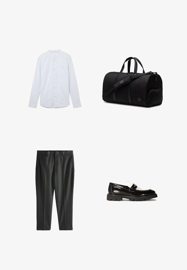 Camisa de manga larga de color azul claro con cuello mao, cierre frontal de botones y un solo bolsillo en el pecho izquierdo. Fabricada con tejido texturizado.; Camiseta blanca de algodón con cuello redondo, mangas cortas y un corte relajado. Presenta un diseño liso sin patrones ni detalles.; Next STRIPE-REGULAR FIT - Pantalones chinos - charcoal grey; Mocasines de charol negro con un acento de cuero blanco, suela de goma negra gruesa y detalles de costura. Textura suave con un acabado brillante.; Bolsa de viaje negra hecha de tejido duradero con acentos de cuero, que cuenta con asas dobles, correa de hombro ajustable y un bolsillo lateral con cremallera.