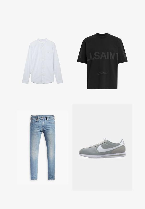 Lichtblauwe lange mouw shirt met een Mandarin kraag, front knoopsluiting en een enkele linkerborstzak. Gemaakt van gestructureerde stof.; Zwarte oversized T-shirt met donkergrijze tekst "ALLSAINTS" over de borst en "LONDEN" in kleinere letters eronder.; Lichtblauwe slim-fit jeans met een lichte vervaging op de dijen, knoopsluiting aan de voorkant, riemlussen en vijf-pocket styling op een witte achtergrond.; Grijze sportschoen met een bovenwerk van suede en textiel, witte Nike swoosh en witte veters. Heeft een gestructureerde rubberen zool en een gevoerde schacht.