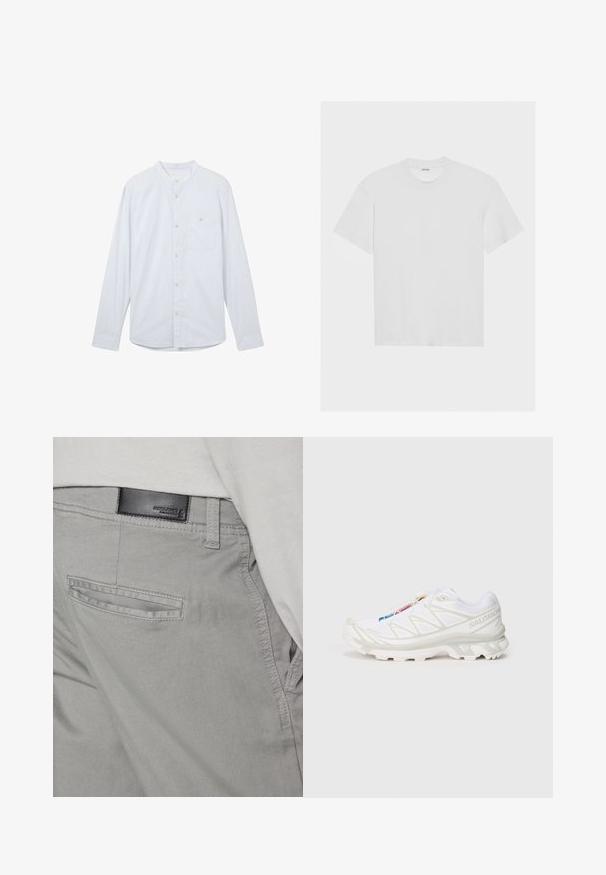 Svijetloplava košulja dugih rukava s mandarin ovratnikom, prednjim kopčanjem na dugmad i jednim džepom na lijevoj strani grudi. Izrađena od teksturiranog materijala.; Bela pamukasta majica kratkih rukava, okruglog izreza i ležernog kroja. Glatka tekstura bez vidljivih uzoraka ili naglasaka.; Sivi hlače s glatkom teksturom, koje imaju stražnji džep s horizontalnim otvaranjem i malu crnu kožnu oznaku blizu pojasa.; Bijela atletska obuća s teksturiranim mrežastim gornjim dijelom, reflektirajućim detaljima i podstavljenim potplatom. Značajan logo brenda sa strane.