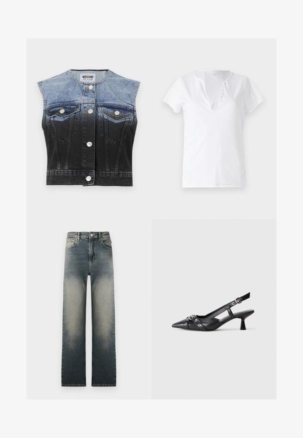 Džínová vesta s vyblednutým modro-čiernym ombre efektom, bez rukávov, dvoma vreckami na hrudi, striebornými gombíkmi a zakriveným lemom.; Biele bavlnené tričko s krátkymi rukávmi, vo voľnom strihu a s výstrihom do V, ktorý má záhyb s piatimi dekoračnými gombíkmi.; Džínsy s vysokým pásom a rovnými nohavicami, s bledým a tmavým denimovým umývaním a klasickým dizajnom s piatimi vreckami.; Čierne kožené slingback topánky s špicatou špičkou, ozdobnými popruhmi s kovovými očkami a nízkym blokovým podpätkom. Textúrovaný povrch.