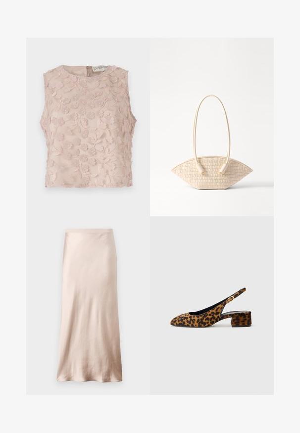 Hihaton paita vaaleanpunaisena, jossa on kukkakirjontaa kohotetuilla yksityiskohdilla, pyöreä pääntie ja takasuljenta. Pehmeä läpikuultava kangas.; Kesäisen beigen satiinimidi-hameen vyötärö on muotoiltu, sen pinta on sileä ja helma laajenee. Hameessa ei ole näkyviä koristeita tai taskuja.; Naisten leopardikuvioiset slingback-kengät matalalla paksupohjalla ja kultaisella soljella sivunauhoissa, esitetty sivuprofiilissa yksinkertaisella taustalla.; Kudottu beige käsilaukku ainutlaatuisella kaarevalla muodolla, jossa on kaksi teksturoitua kahvaa ja sylinterimäiset metalliosat.