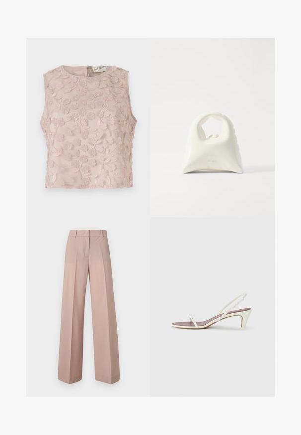 Ärmlös topp i ljusrosa, med blommigt broderi med upphöjda detaljer, rund halsringning och dragkedja i ryggen. Mjuk och genomskinlig tyg.; Breda byxor i ett mjukt rosa tyg, med platt framsida, midjeband med bältesöglor och en slät yta.; Vita slingbacksandaler med en lätt klack, tunna remmar och en slät lädertextur; har ett litet dekorativt spänne.; Vit handväska med ett strukturerat, kurvat mönster. Har ett framträdande handtag och en rundad bottendel, med en slät yta och minimalt med beslag.
