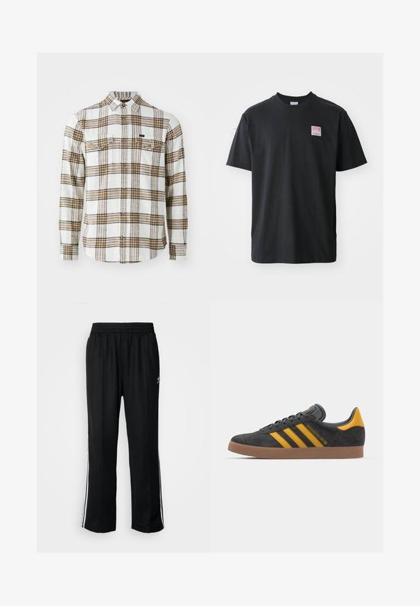 Lee - Koszula; Czarna bawełniana koszulka z okrągłym dekoltem, krótkimi rękawami oraz małą kolorową metką na lewej piersi z napisem "SUPERIOR."; Czarne sportowe spodnie z elastycznym paskiem w talii, z białymi paskami po bokach i małym logo. Materiał wydaje się miękki i lekki.; Czarne zamszowe sneakersy z żółtymi akcentami, z trzema paskami i brązową gumową podeszwą. Posiadają wyściełany język dla większego komfortu.