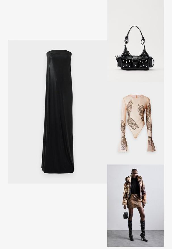 Durchsichtiger langärmeliger Body in Nude, mit gestickten schwarzen Flügeldesigns an den Ärmeln und am Torso, mit einem Reißverschluss hinten.; Schwarzes, trägerloses Maxikleid aus glattem, glänzendem Stoff. Es hat ein figurbetontes Oberteil und eine fließende Silhouette, die den Boden erreicht, ohne Verzierungen.; Puffermantel mit einem braunen und schwarzen Muster, kombiniert mit einem mini Rock in Schlangenoptik in Braun, schwarzen kniehohen Stiefeln und einer kleinen schwarzen Tasche.; Schwarze Lederhandtasche mit einem geschwungenen Design, verziert mit silbernen Nieten, einer Schnalle und zwei seitlichen Taschen. Verstellbarer Träger für verschiedene Tragemöglichkeiten.