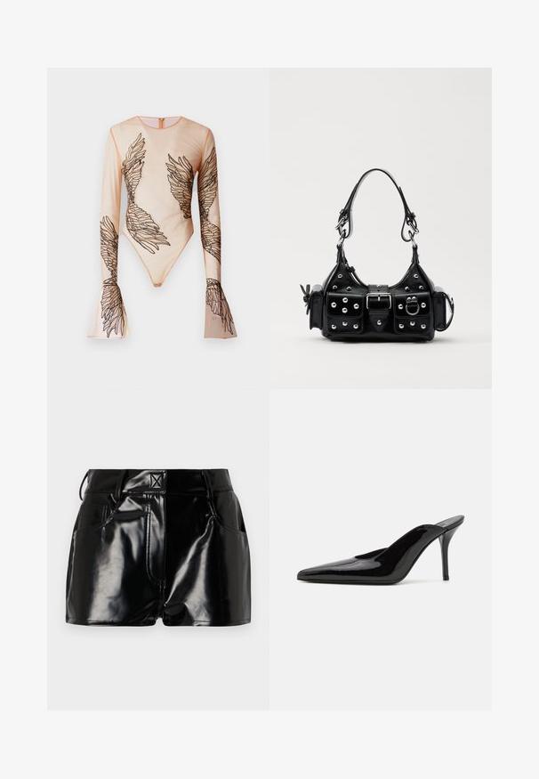 Õhuke pikkade varrukatega bodysuit, millel on beez värv, mustade tikkitud tiivakujunditega varrukatel ja torsol, seljaosas on lukuga sulgemine.; Mustad, läikivad lühikesed püksid sünteetilisest materjalist. Omab kitsast piha, vöölõike ja esimesi taskuid, millel on silmapaistvad õmbluse detailid.; Must musta nahkkängad terava ninaga ja sujuva siluetiga, avatud tagusega ja peene stiletto kontsaga.; Must värvi nahast käekott, millel on kaarjas disain, hõbedased nupukesed, kinnitusahe ja kaks külgtaskut. Reguleeritav rihm erinevate kandmisvõimaluste jaoks.