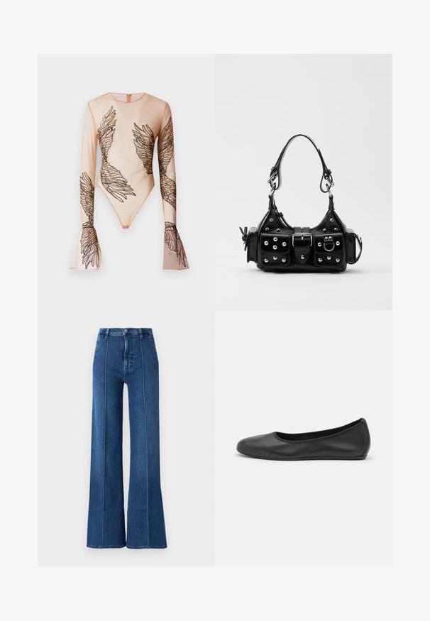 Bodysuit transparente de mangas longas em tom nude, apresentando desenhos de asas pretas bordados nas mangas e no torso, com fecho de zíper nas costas.; Jeans azuis de pernas largas feitos de denim, com uma cintura alta e costura em branco contrastante ao longo das costuras. Sem embellishments adicionais.; Bailarina preta em pele com bico arredondado, textura suave, detalhe de costura minimalista e design de sola flexível.; Bolsa de couro preta com um design curvado, apresentando tachas prateadas, uma fivela e dois bolsos laterais. Alça ajustável para opções de transporte.
